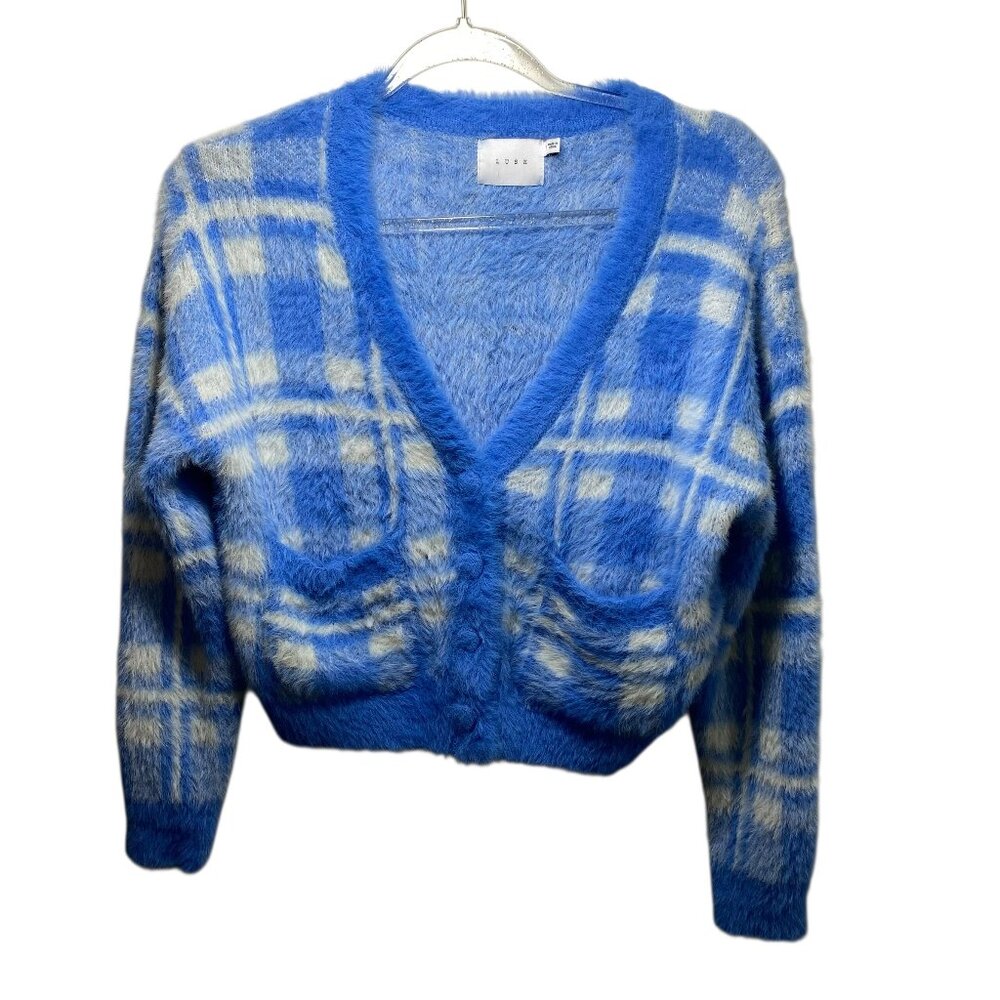 Lush Baby Blue White Plaid Cropped Cozy Eccletic Fuzzy Plush Cardigan‎ Womens S
